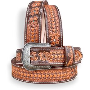 DANIEL'S ARTPLANET Men’s Western Leather Belt Full Grain Leather Cowboy Belt with Buckle Tooled Engraved 1.5" Wide Handmade