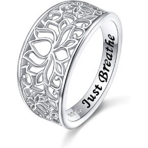 Lotus Just Breathe Ring 925 Sterling Silver Wedding Statement Ring Vintage Style Anxiety Ring for Women Engraved Lotus Flower Pattern Wedding Gifts