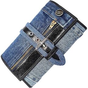 Upcycling Bifold Denim Wallet Decorated Snake skin PU leather Zipper and Buckle Accents Long Wallet Clutch Purse for Women (Red) in Kuwait