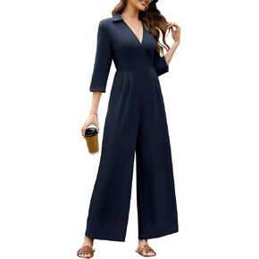 Dressystar V Neck Jumpsuits for Women Dressy Formal Casual Long Sleeve One Piece Outfits Wide Leg Long Romper with Pockets