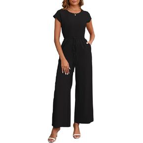 Women's Casual Loose Jumpsuits Crew Neck Short Sleeve Wide Leg Pant Rompers One Piece Outfits with Pockets