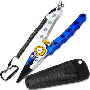 Fishing Pliers Saltwater, Fishing Pliers Hook Remover Split Ring Pliers Tools with Sheath and Lanyard Gear for Braided Fishing Line Cutter, Fishing Needle Nose Pliers