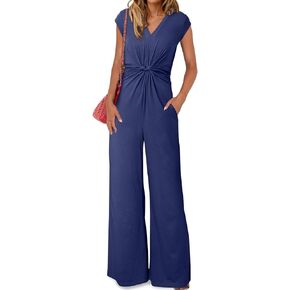 Happy Sailed Jumpsuits for Women Dressy Summer Short Sleeve V Neck Criss Cross Wide Leg Long Pants Romper Outfits