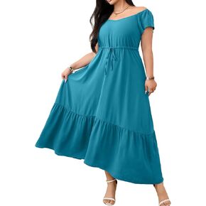RWJ Women's Plus Size Dress Summer Short Sleeve Empire Waist Drawstring Tiered Flowy Maxi Dress