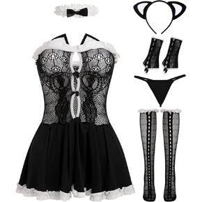 Abafip Women's Cute Cosplay Outfits Kawaii anime rol play Cow Cow Histten Ear Beadband Stockings Set Mini Dress