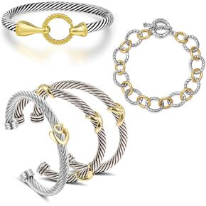 5 Pcs Cuff Bracelets for Women Cable Wire Bracelet - Two Tone Twisted Bangle Bracelet Stackable - Gold Hook Silver Cuff Heart Vintage Bracelets Jewelry