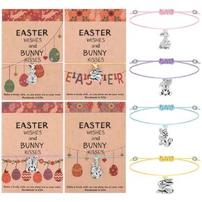 Hoolerry 12 Pcs Easter Gifts for Girls Women Stainless Steel Christian Easter Bracelet Jewelry Adjustable Bunny Charm Bracelets Cute Bunny Rabbit Cards Easter Gift for Her Daughter Granddaughter