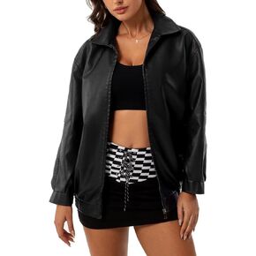 Womens Oversized Faux Leather Jackets Fashion Zip Up Motorcycle Loose Fit Jacket Fall Trendy Outfits