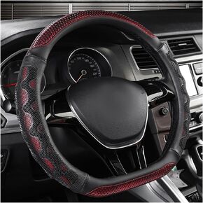 Car Steering Wheel Cover, 15 Inch Leather D-Shaped Comfy Grip Steering Wheel Protector, Anti-Slip Steering Wheel Cover with 3D Honeycomb for Most Vehicles, Car Accessories (Red)