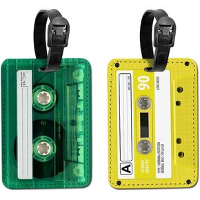 WIRESTER Set of 2 PU Leather Luggage Tag Name Tag Bag Tag for Travel Suitcase Baggage Luggage - Retro Cassette Tape, Retro Black Cassette Tape