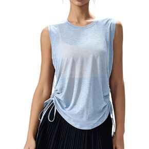 altiland Ultra-Light Sheer Slub Workout Tank Top for Woman, Drawstring Side Ruched Breathable Athletic Yoga Layering Tops