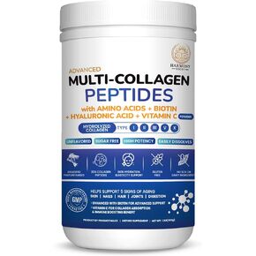 Multi-Collagen Peptides Powder | Hydrolyzed Types I, II, III, V & X | With Biotin, Hyaluronic Acid, Vitamin C | Supports Skin, Hair, Nails, Joints & Digestion | Unflavored, Sugar-Free | 1.1LB (500g)