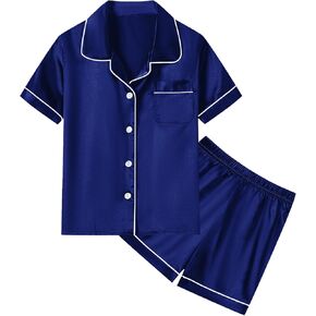 SWOMOG Unisex Kids Silk Satin Pajamas Sets Girls Boys Pjs Set Button-Down Sleepwear Short Sleeve Nightwear 2 Piece