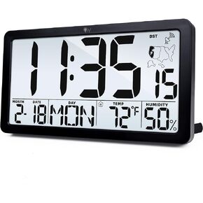 TXL Atomic Wall Clock with Backlight, Battery Operated Digital Wall Clock with Temperature, Humidity and Date, Large Display, Auto DST, 6 Time Zone(Black)