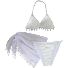 Girl's 3 Piece Bikini Set Textured Shell Decor Triangle Halter Thong Swimsuit with Cover Up Skirt