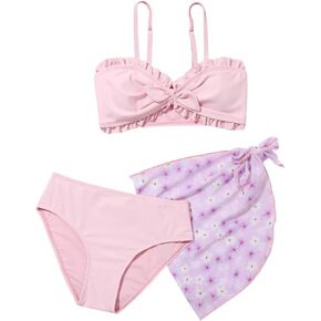 Milumia Girl's Swimsuit 3 Piece Floral Print Bikini Set with Coverup Skirt Beachwear