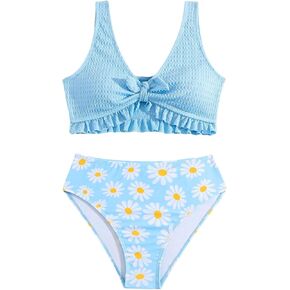 Girl's 2 Piece Bikini Sets Floral High Waisted Knot Front Cute Swimsuit Bathing Suit