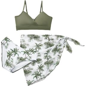 Girl's 3 Piece Swimsuits Floral Tropical V Neck Bathing Suit Bikini with Cover Up Skirt Sarong Wraps
