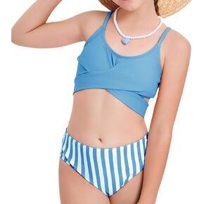 Girls Swimsuits Bikini Set Two Piece Tankini Bathing Suit Criss Cross Girls' Swimwear with Chest Pad 13-14 Years Dark Blue