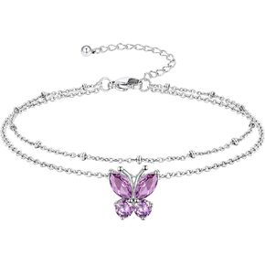 Richsteel Double Layer Heart/Butterfly Birthstone Anklet for Women Non Tarnish Waterproof, Silver/Gold/Black Stainless Steel 8.5-10.5 Inch Adjustable Chain Anklets Jewelry Gifts for Her