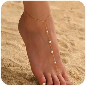 Anklets for Women Waterproof 18K Gold Plated Pearl Beaded Heart Diamond Ankle Bracelets Dainty Toe Ring Foot Chain Anklets Beach Jewelry Gifts