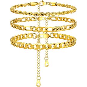 U7 Waterproof Anklets for Women 18K Gold Cuban Chain 8.5"-10.5" with 14K Gold Cuban chain 3Pcs, Barefoot Beach Wedding Gift with Velvet Pouch