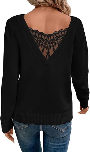 SOLY HUX Women's V Neck Sweaters Lace Back Pullover Sweater Long Sleeve Knit Tops in Saudi Arabia