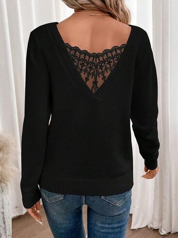 SOLY HUX Women's V Neck Sweaters Lace Back Pullover Sweater Long Sleeve Knit Tops in Saudi Arabia