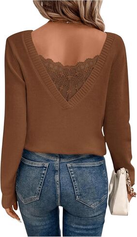 SOLY HUX Women's V Neck Sweaters Lace Back Pullover Sweater Long Sleeve Knit Tops in Saudi Arabia