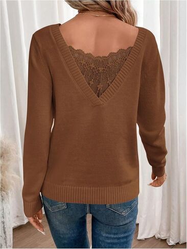 SOLY HUX Women's V Neck Sweaters Lace Back Pullover Sweater Long Sleeve Knit Tops in Saudi Arabia