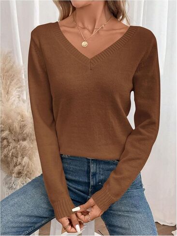 SOLY HUX Women's V Neck Sweaters Lace Back Pullover Sweater Long Sleeve Knit Tops in Saudi Arabia