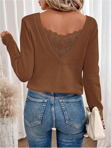 SOLY HUX Women's V Neck Sweaters Lace Back Pullover Sweater Long Sleeve Knit Tops in Saudi Arabia