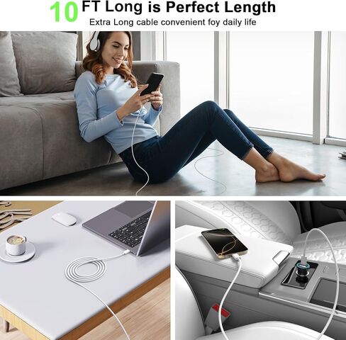 سلك كابل Carplay للسيارة لهاتف iPhone 16/16 Plus/16 Pro/16 Pro Max/15/15 Plus/15 Pro/15 Pro Max، iPad Pro 12.9/11، iPad Air 4/5، iPad Mini 6، 3 حزم 3.3 قدم كابل شحن سيارة مجدول من النايلون من USB A إلى USB C in Kuwait