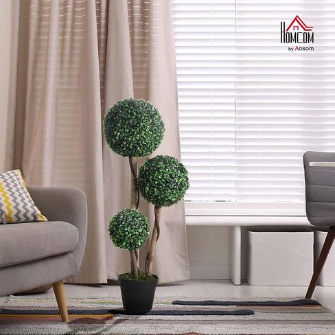 HOMCOM Artificial Plant for Home Decor Indoor & Outdoor Fake Plants Artificial Tree in Pot, 3 Ball Boxwood Topiary Tree for Home Office, Living Room Decor, Dark Green in Saudi Arabia