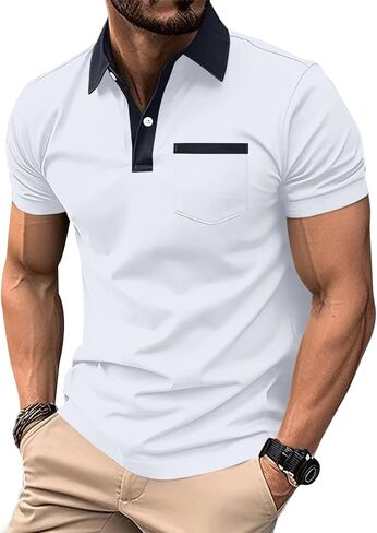 Mens Short Sleeve Polo Shirts Casual Summer Button Basic Shirt Classic Golf Stylish Tops with Pocket in Saudi Arabia