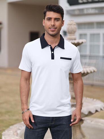 Mens Short Sleeve Polo Shirts Casual Summer Button Basic Shirt Classic Golf Stylish Tops with Pocket in Saudi Arabia