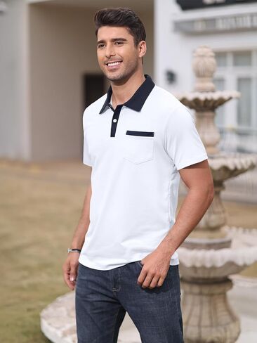 Mens Short Sleeve Polo Shirts Casual Summer Button Basic Shirt Classic Golf Stylish Tops with Pocket in Saudi Arabia