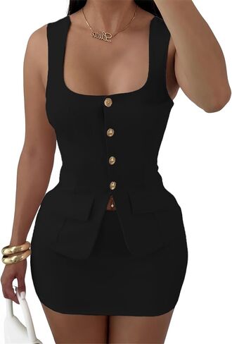 Women's Summer 2 Piece Outfit Sleeveless Blazer Vest Mini Skirt Set Elegant Button-Up Suit Matching Workwear in Kuwait