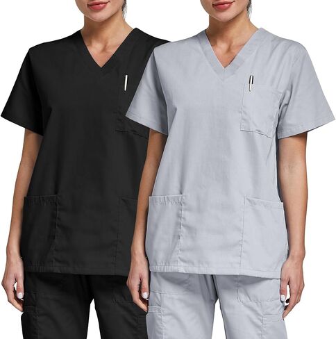 VOGRYE 2 Pack Scrub Tops for Woman - Soft Stretch, V-Neck Top Scrubs with 3 Pockets, Easy Care for Women in Kuwait