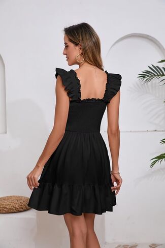 Womens Summer Casual Dress Sleeveless Square Neck Ruffled Sleeves Backless with Pockets Short Beach Vacation Dress in Saudi Arabia