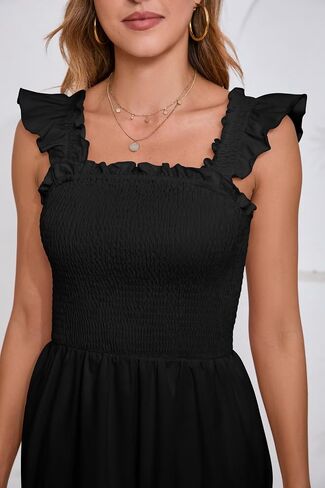Womens Summer Casual Dress Sleeveless Square Neck Ruffled Sleeves Backless with Pockets Short Beach Vacation Dress in Saudi Arabia