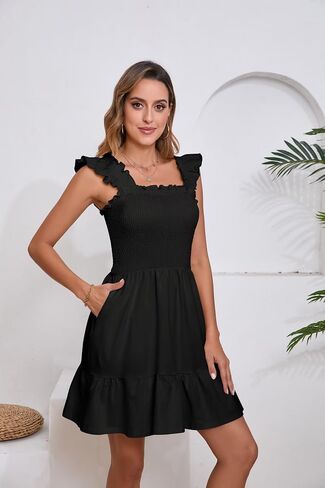 Womens Summer Casual Dress Sleeveless Square Neck Ruffled Sleeves Backless with Pockets Short Beach Vacation Dress in Saudi Arabia