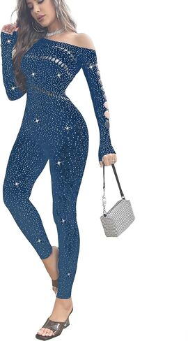Women See Through Sparkle Jumpsuits Clubwear Sexy Off Shoulder Long Sleeve Hollow Rhinestone Mesh Bodysuit in Kuwait