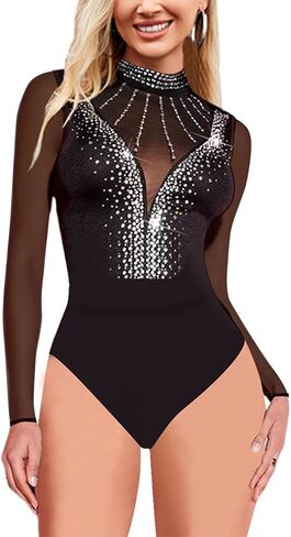 Women's Rhinestone Bodysuit Sheer Mesh Glitter Body Suit Tops Shirts Leotards in Saudi Arabia