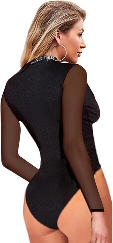 Women's Rhinestone Bodysuit Sheer Mesh Glitter Body Suit Tops Shirts Leotards in Saudi Arabia