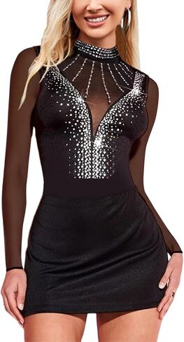 Women's Rhinestone Bodysuit Sheer Mesh Glitter Body Suit Tops Shirts Leotards in Saudi Arabia