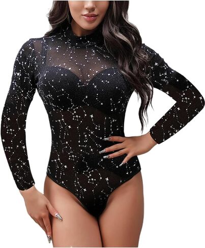 Women's Rhinestone Bodysuit Sheer Mesh Glitter Body Suit Tops Shirts Leotards in Saudi Arabia