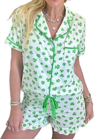 KevaMolly Womens Christmas Lounge Sets Candy Cane Print Pocketed Knotted PJ Set Short Sleeve Xmas Top and Shorts in Saudi Arabia