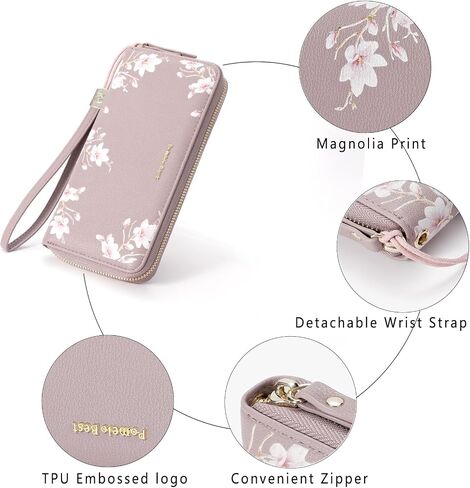 Pomelo Best Wallet for Women Leather RFID Blocking Credit Card Large Capacity Zip Around Clutch Floral Wallets with Wristlet Litchi tea in Kuwait