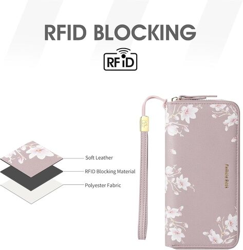 Pomelo Best Wallet for Women Leather RFID Blocking Credit Card Large Capacity Zip Around Clutch Floral Wallets with Wristlet Litchi tea in Kuwait